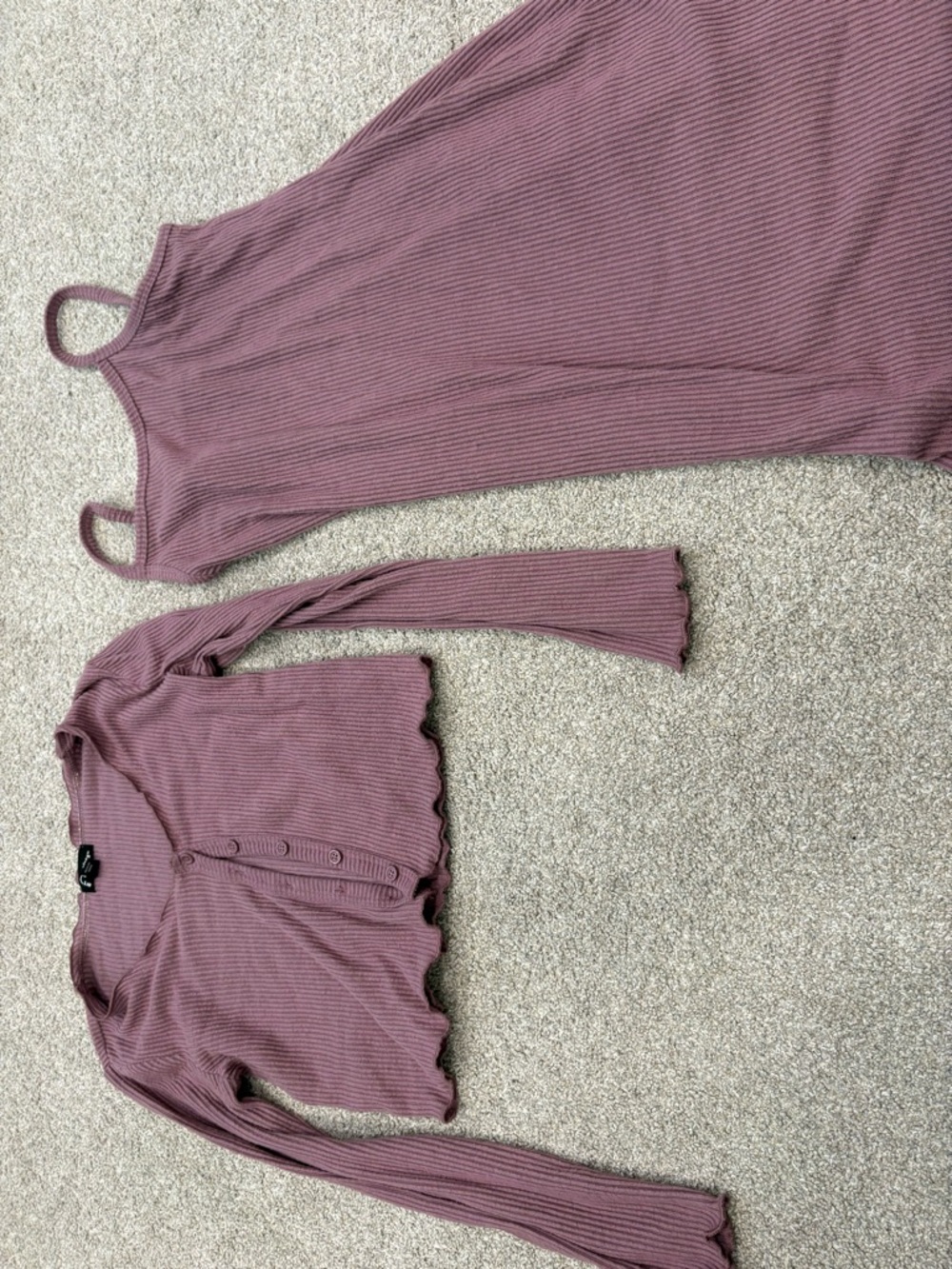 art class mauve ribbed dress and button cardigan set
